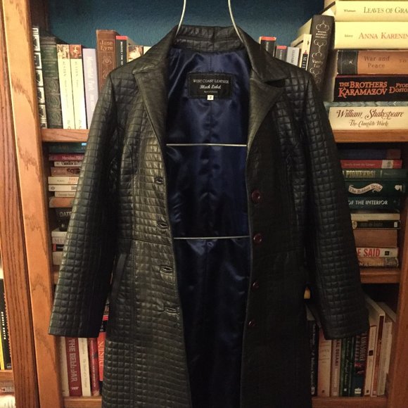 Quilted leather trench coat, size 2 petite